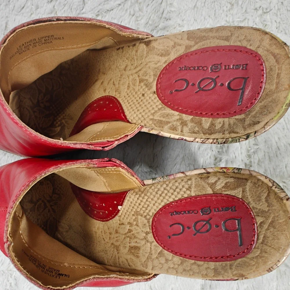 b.o.c Red Leather Wedge Sandals Floral Cork Heel Tropical Resort Vacation Cruise